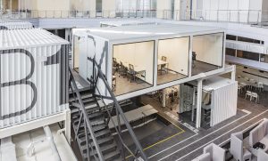 Open space office with transparent walls for work rooms, loft interior, copy space